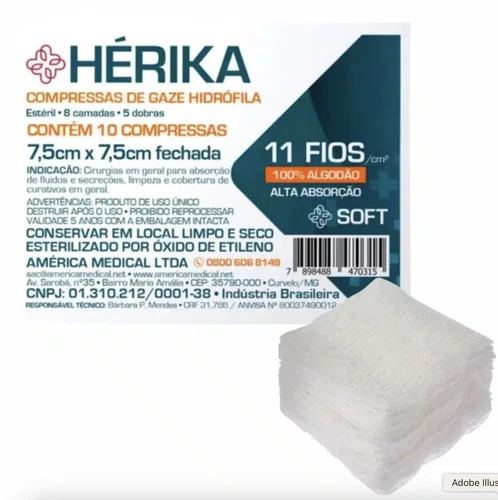 Gaze Estéril 7,5 x 7,5 11 Fios c/10 Unidades Herika - American
