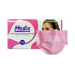 Máscara Descartável Tripla C/Elástico Rosa (50 Unidades) - MEDIX