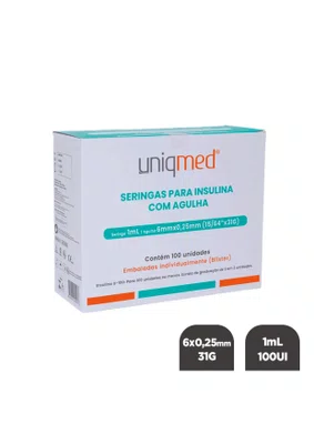 SERINGA DESCARTAVEL 1ML 6MMX25MM (15/64X31G) CAIXA C/ 100 UNIDADES - UNIQMED