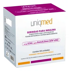 Seringas com agulha para insulina 0,3ML 5MMX23MM (3/16X32G) Caixa C/ 100 Unidades - UNIQMED